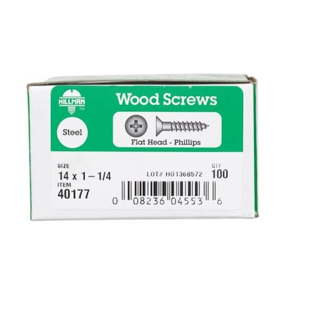Hillman Wood Screw, #14, 1 1/4 inch, Zinc Plated Steel Flat Head Phillips Drive 77068